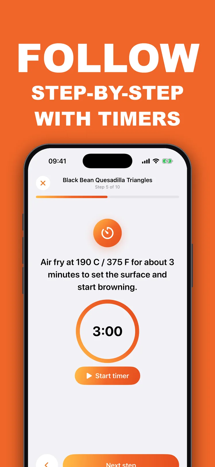 AirFryer Chef – step-by-step cooking mode with a timer