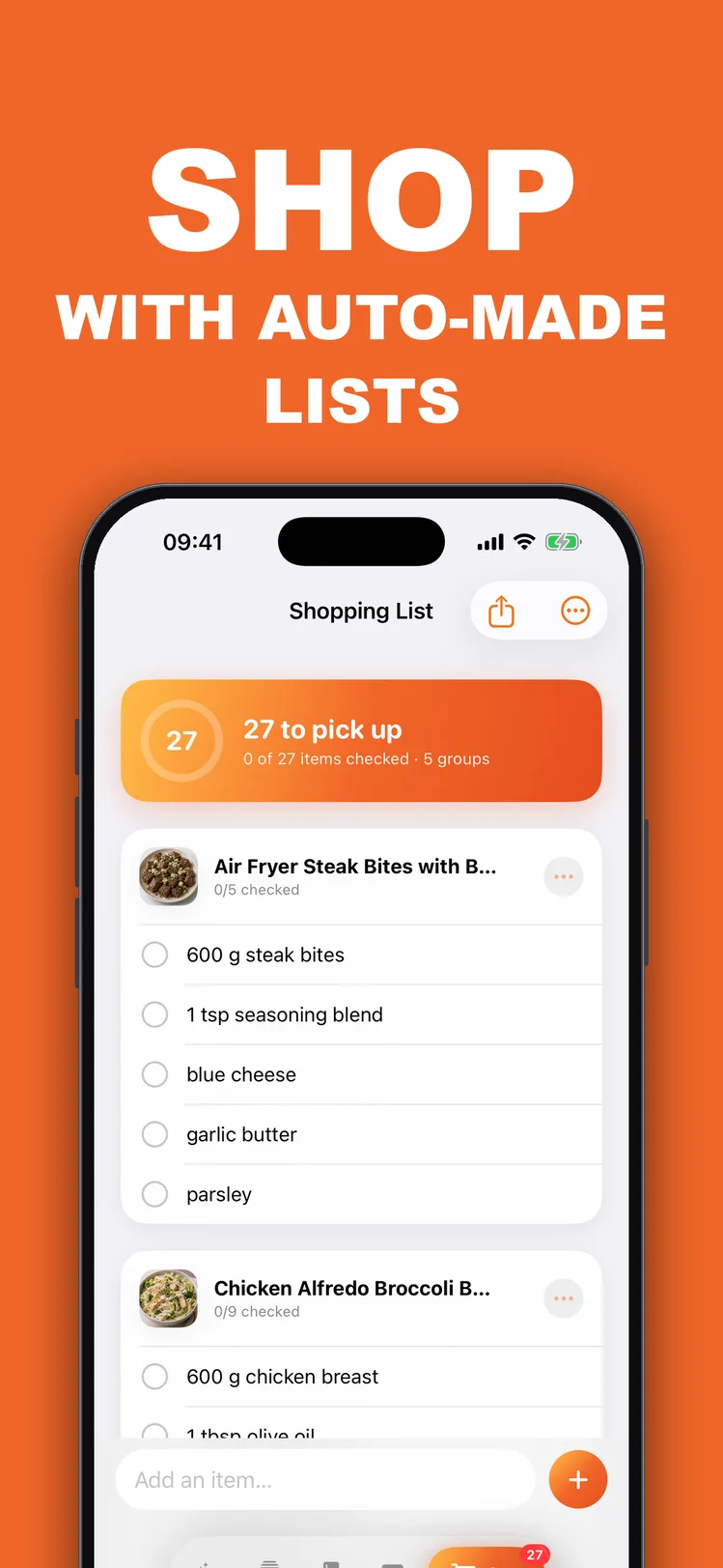 AirFryer Chef – shopping list grouped by recipe