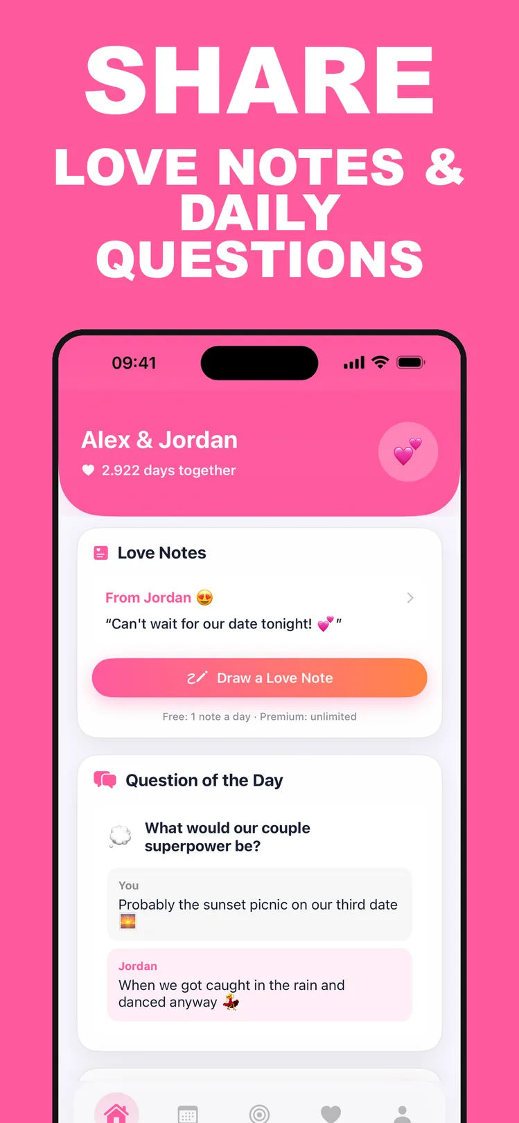 CoupleGoals couples app – shared home screen with days together