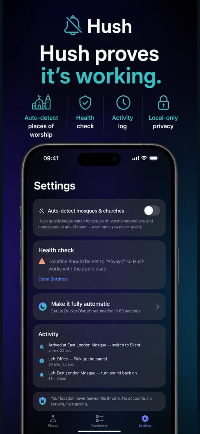 Hush – reminder to switch the phone to silent on arrival