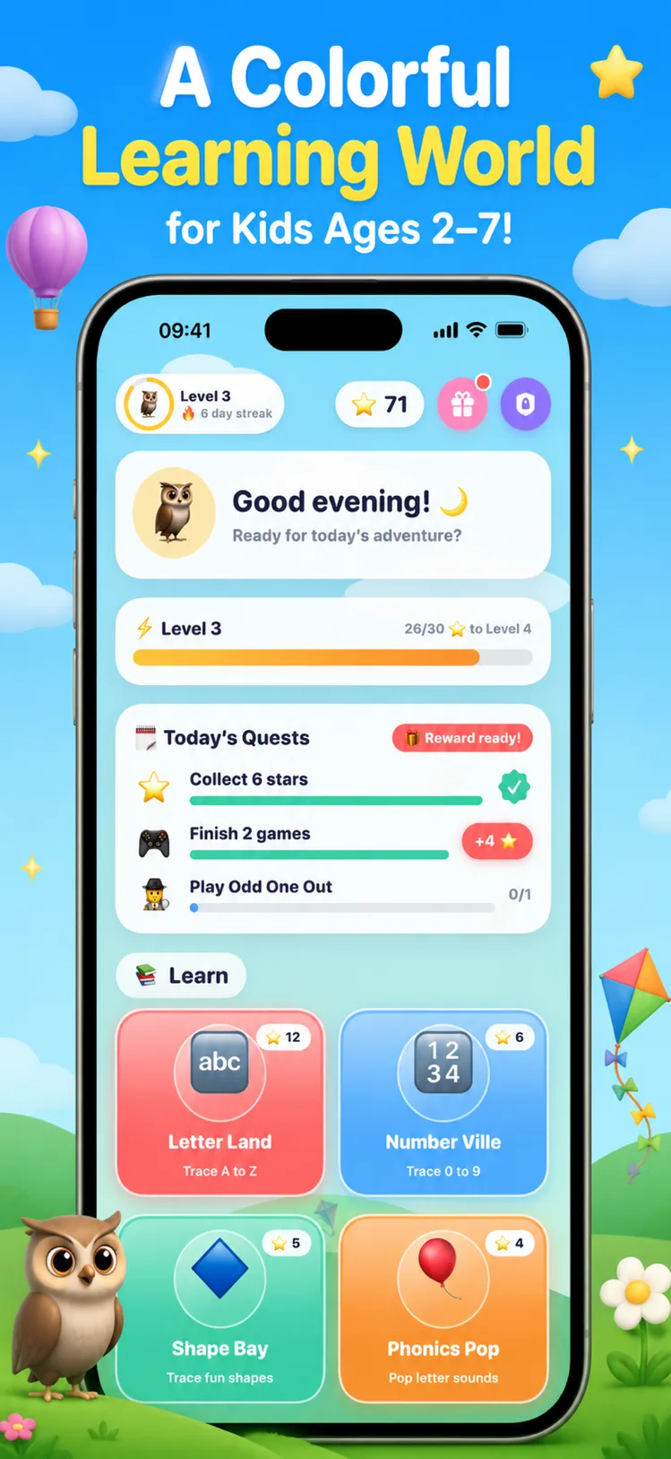 Little Genius preschool app – colourful learning activity menu