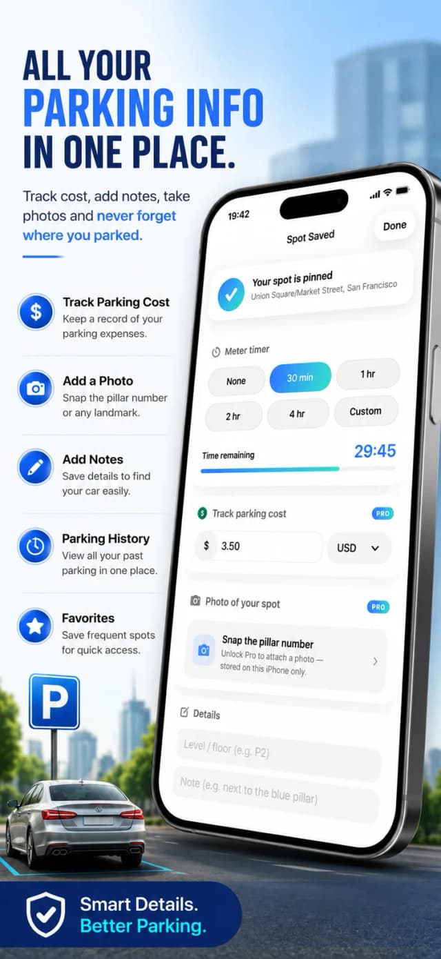 ParkSpot – parking session details with floor, notes and cost