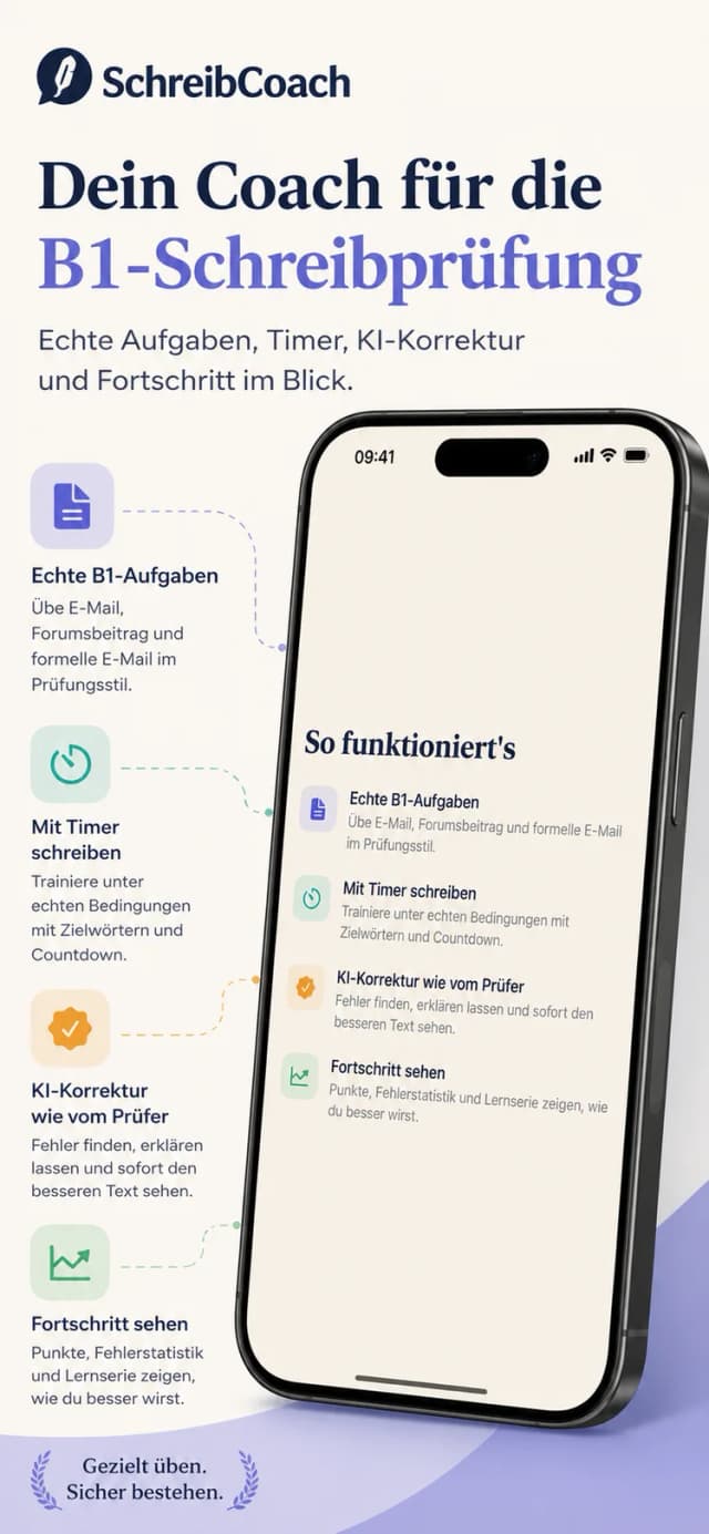 SchreibCoach – B1 Schreibaufgabe im Prüfungsstil auf dem iPhone