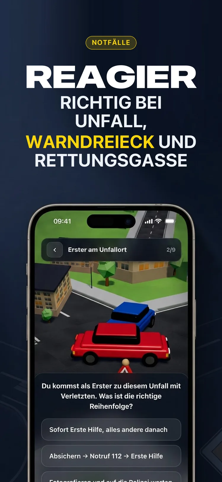Fahrschule 3D – Notfallsituation mit Warndreieck und Unfallstelle